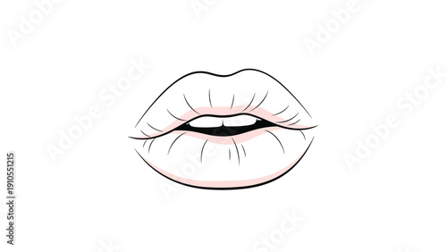 Minimalist black outline drawing of slightly parted female lips with a touch of soft pink on a white background.
