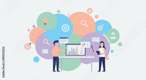 Team analysts presenting data on charts and dashboards with colorful circles