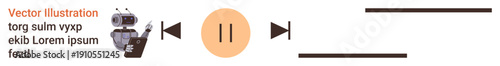 Media control, smart robotics, technological interface, automation, music playback, futuristic gadgets. A robot near a central play button with directional arrows. Media control and smart robotics
