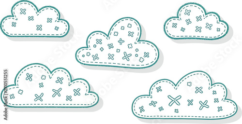 Five stylized teal cloud shapes, each featuring charming dotted outlines and decorative star-like patterns, are arranged as a whimsical graphic element against a pure white backdrop.