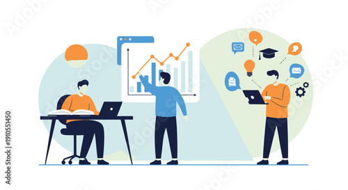 Team of professionals presenting data charts and laptops in collaborative workspace