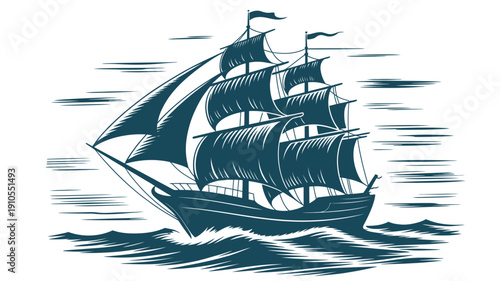 Sailing Ship Vintage Naval Sea Vessel Vector Illustration