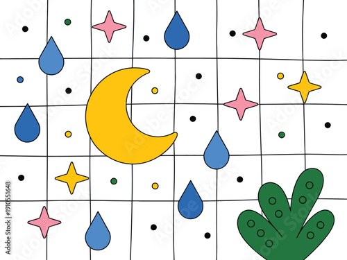 Whimsical Pattern with Moon and Stars Vector Illustration