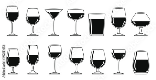 Wine Glass Set Black Silhouette Vector Illustration