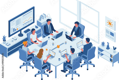 Isometric corporate office meeting, collaborative team workspace, business analytics planning illustration