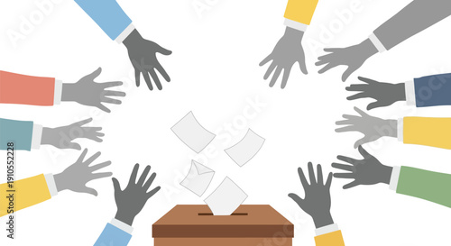 Multiple diverse hands reach down toward a wooden ballot box as blank papers float down for a democratic voting process.