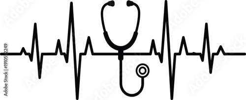 Black Heartbeat EKG Pulse Line with Stethoscope Illustration Isolated on White Background for Medical Healthcare Cardiology and Emergency Graphic Design