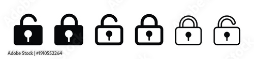Collection of padlock icons in locked and unlocked states, shown in solid and outline styles. Represents security, privacy, and access concepts for digital interfaces and technology design.