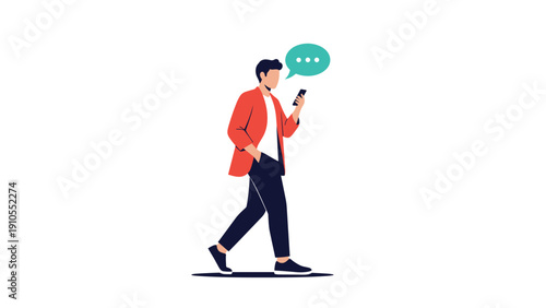 Flat design illustration of a stylish man walking and checking his smartphone while a speech bubble icon floats nearby.