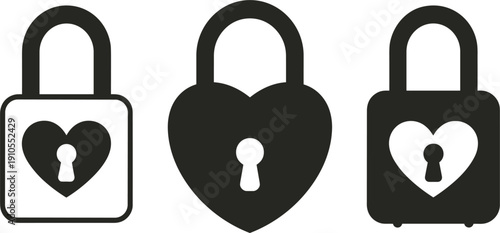 Heart shaped padlock silhouette set, love security concept, romantic locked protection symbols