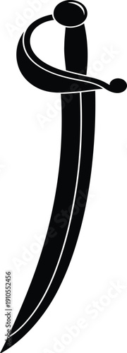 Black Silhouette of Curved Pirate Cutlass Sword Illustration Isolated on White Background for Nautical Theme Sea Adventure and Middle Eastern Graphic Design