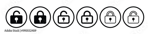 Minimalist set of circular padlock icons in locked and unlocked states. Black and white design representing security, privacy, and access control for digital interface or cybersecurity concepts.