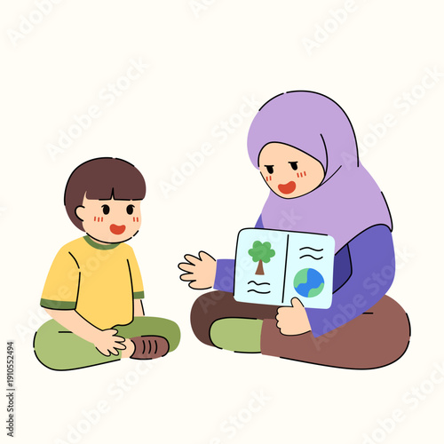Vector of Mother Reading Book with Her Little Son Illustration. Perfect for Mother’s Day, parenting content, childhood education materials, greeting cards, posters, and family concept designs.