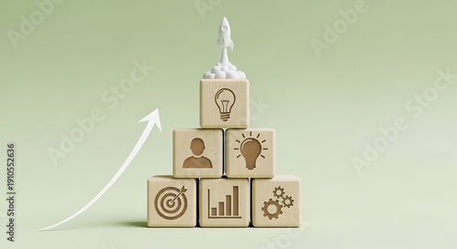 A pyramid of wooden blocks with icons representing business growth and strategy.