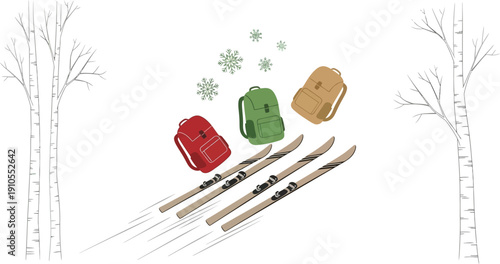 Three colorful backpacks and two pairs of wooden skis are speeding downhill through falling snowflakes between bare birch trees.