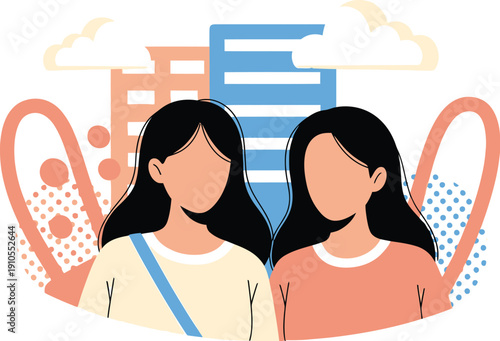 Two faceless women with long dark hair stand closely together against a backdrop of stylized city buildings and soft abstract shapes.