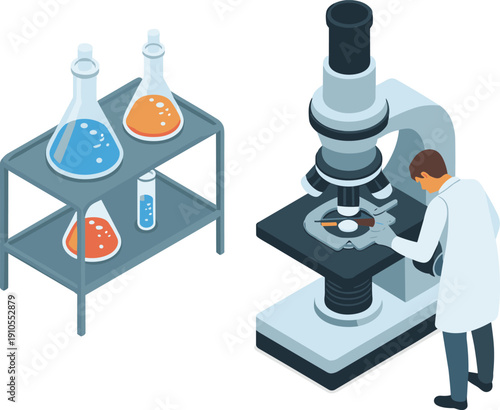 Isometric laboratory research illustration scientist using microscope with chemical glassware science experiment medical lab technology concept