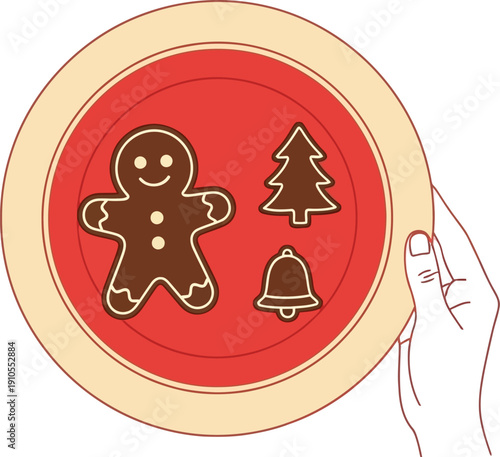Hand holds a round plate featuring three traditional dark gingerbread cookies shaped like a man, tree, and bell.