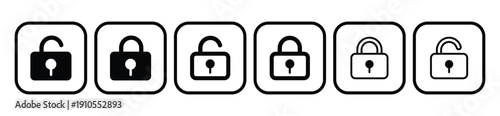 Set of rounded square padlock icons in locked and unlocked states, shown in solid and outline styles. Represents security, privacy, and access control for digital interface or cybersecurity design.