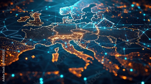 glowing 3d digital map of europe with interconnected orange city lights and blue network nodes and lines, a vibrant futuristic visualization conveying dynamic connectivity and data flow