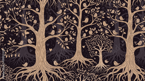 Detailed seamless pattern featuring stylized trees with birds and hearts in a mysterious and deep dark forest setting.
