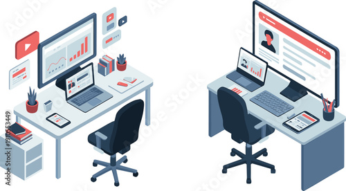 Isometric modern office workstation illustration, dual computer desks with analytics dashboards, social interface screens, digital productivity workspace