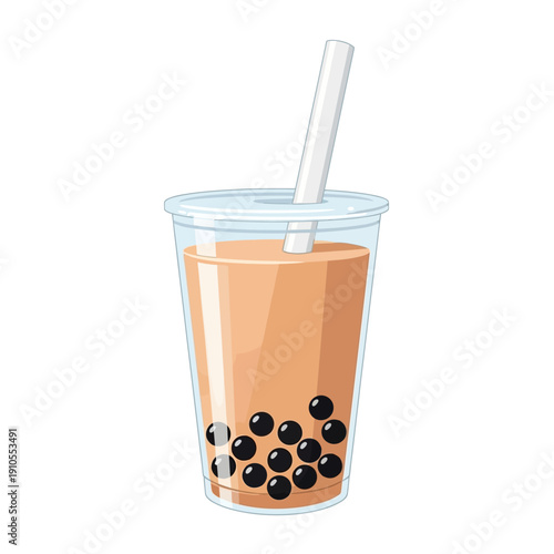 Refreshing bubble tea drink with tapioca pearls and straw in a clear cup.
