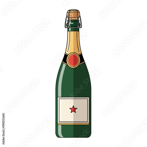 Elegant green champagne bottle with gold foil and cork.