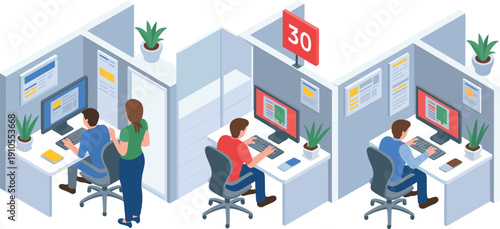 Isometric office cubicle workspace illustration, customer service desks, modern corporate workflow, employee support environment scene