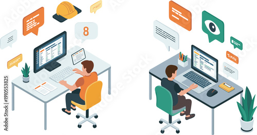 Isometric office workers illustration, dual desk workspace scene, professionals at computers, modern productivity environment, digital collaboration concept