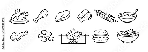 Chicken Food and Cooking Line Art Icons – Minimalist Black and White Culinary Set