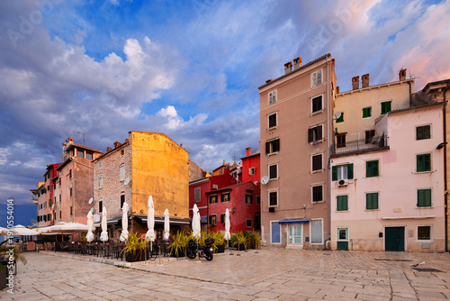 Street scene in old mediterranean town of Rovinj, Croatia.