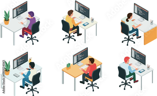 Isometric programmer collection illustration, developers coding at desks, modern workspace scenes, software engineering office environments, tech professionals