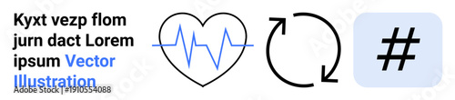 Heartbeat line inside a heart, circular arrows forming a loop, metadata tag icon in blue square. Ideal for health, renewal, social media, technology, connection, wellness simple landing page