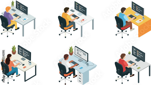 Isometric programmer workspace illustration, developers coding at desks, software development scenes, modern office setup, computer workstation environments