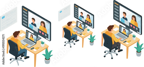 Isometric remote video call workspace illustration, online meeting collaboration, modern desk setup, virtual teamwork productivity scene