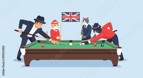 Four anthropomorphic cats in vintage attire play a game of billiards with a British flag background