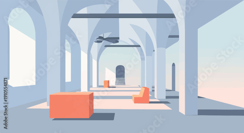 Geometric interior with arched columns, orange furniture, and a ceiling fan