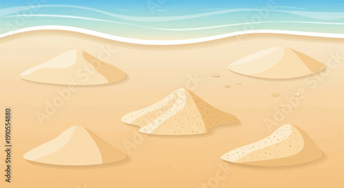 Gentle ocean waves roll onto a sandy beach with several sand piles