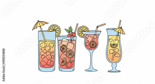 Four colorful tropical drinks with ice, fruit, straws, and umbrellas