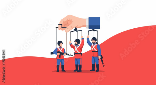 Giant hand manipulates soldiers with rifles like puppets