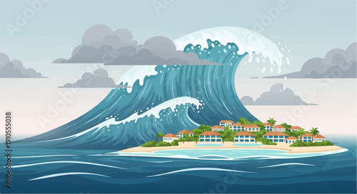 Giant wave towers over island resort with homes and palm trees