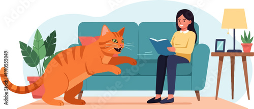 Ginger cat plays with woman reading book on couch in cozy living room