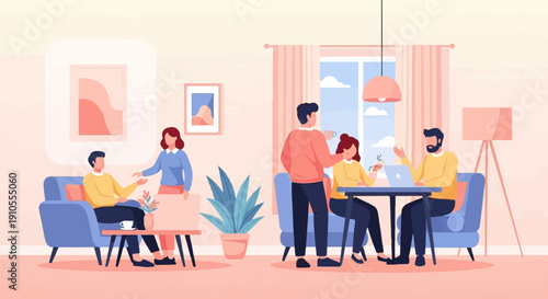 Four people gathered in a cozy living room, socializing and working