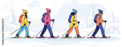 Four people dressed for winter ski across a snowy landscape with trees