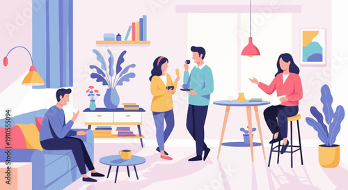 Four people in a brightly lit living room enjoying coffee and conversation