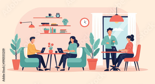 Four people work on laptops in a modern, cozy indoor space with plants