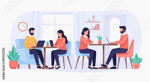 Four people working on laptops at tables in a cafe setting