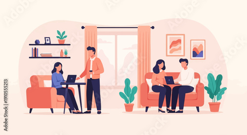 Four people work on laptops in a cozy room with furniture and plants