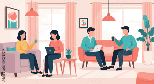 Four people working on laptops and drinking in a cozy living room